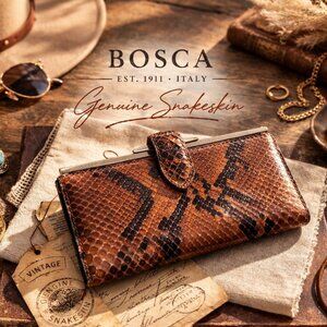 Vintage Bosca Genuine Snakeskin Wallet Brown Exotic Leather Frame Clutch